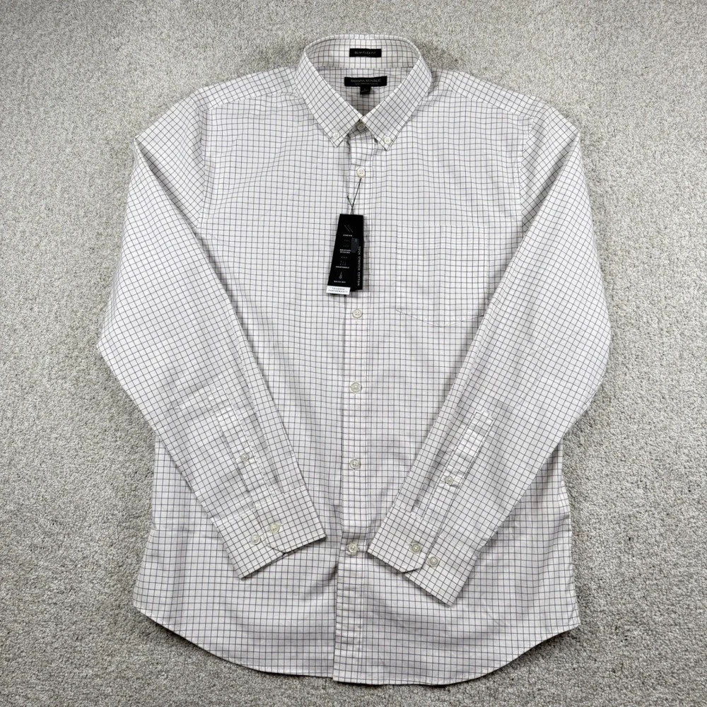 Banana Republic Dress Shirt Mens L White Tech Stretch Cotton Slim Flex Fit Check
